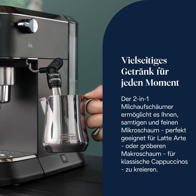 Detalle 2 de De'Longhi Dedica Style Perfetto (EC685.BK) – kompakte Siebträgermaschine mit Milchaufschäumer, ESE-Pads & 15-Bar-Druck