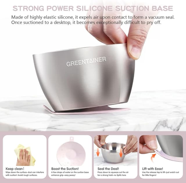 Detalle de Greentainer 304 Stainless Steel Baby Bowl Set (Pink) – Double-wall insulated toddler bowls with removable silicone suction base