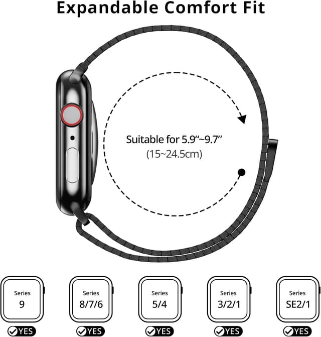 Detalle de LULULOOK Milanese Loop Magnetic Clasp Stainless Steel Strap for Apple Watch (Series 1–11, Ultra models)