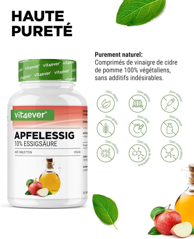 Detalle de Vinaigre de cidre en comprimés – 365 comprimés Forte Dose (1000 mg par portion journalière) avec 10% d’acide acétique