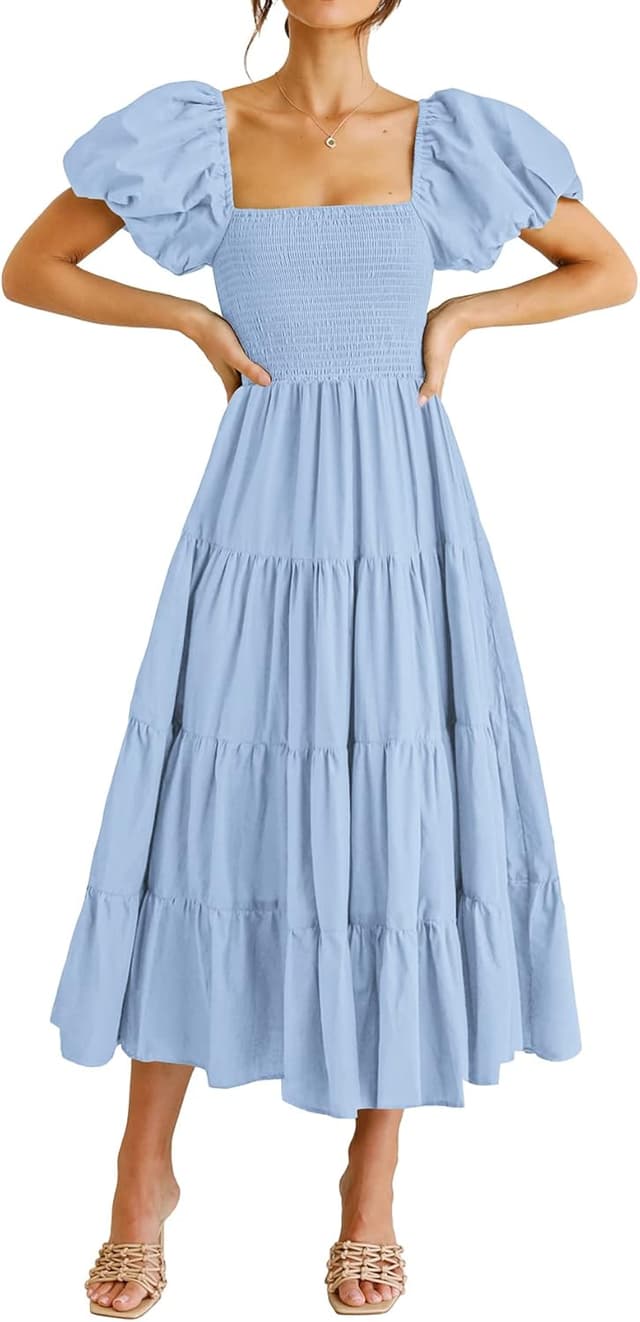 Detalle de PRETTYGARDEN Women’s Casual Summer Midi Dress with Square Neck, Smocking, and Tiered Ruffles