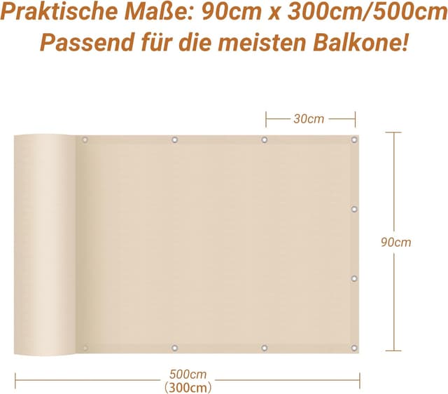 Detalle 2 de interGo Balkon Sichtschutz Balkonverkleidung 90x300 cm HDPE mit Ösen und Kordel (Creme)