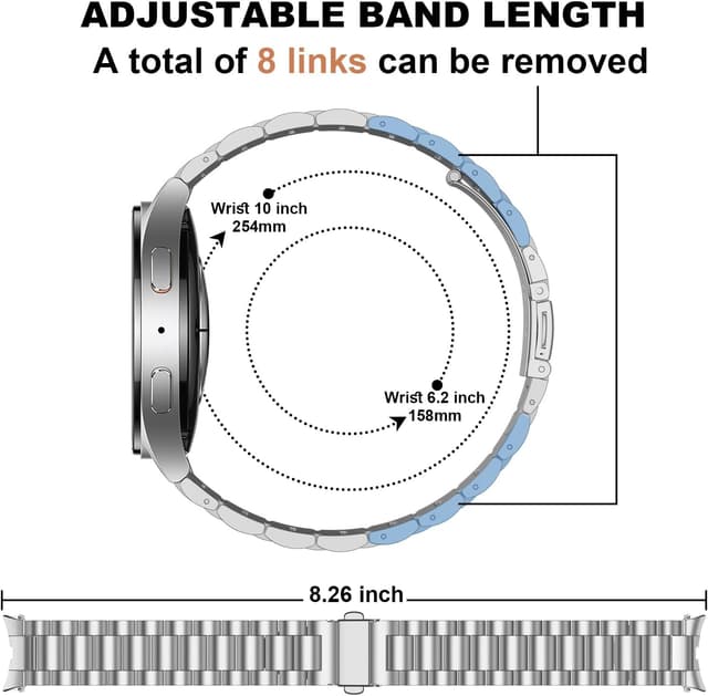 Detalle de Suphart Metal Band Strap for Samsung Galaxy Watch 7/6/5/4 (44mm–45mm, 40mm–43mm) — Stainless Steel, No-Gap Connector, Silver