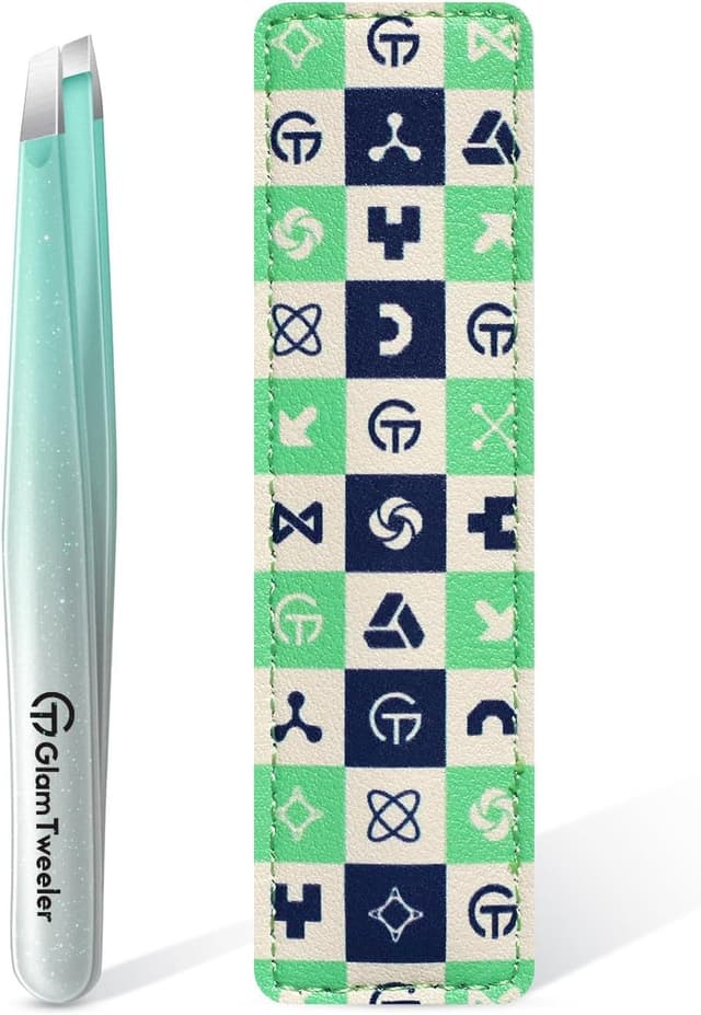 Detalle de GlamTweeler Expert Slant Tip Tweezers with Leather Case (Sparkle Mint Green & Silver)