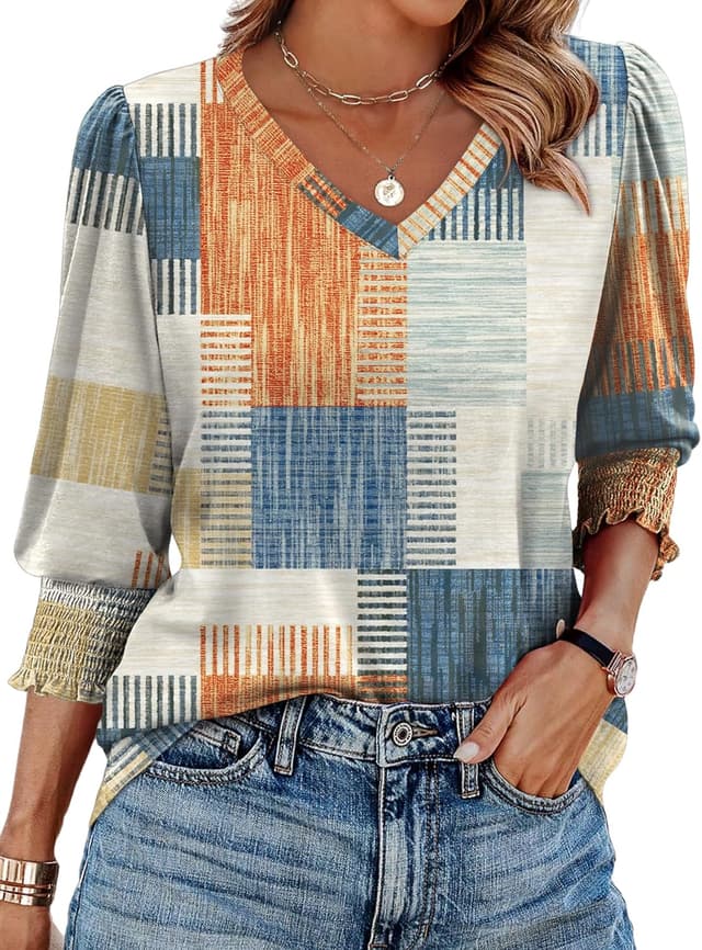 Detalle 2 de Aokosor Womens 3/4 Sleeve V-Neck Blouses Puff Sleeve Tunic Top with Smocked Cuffs