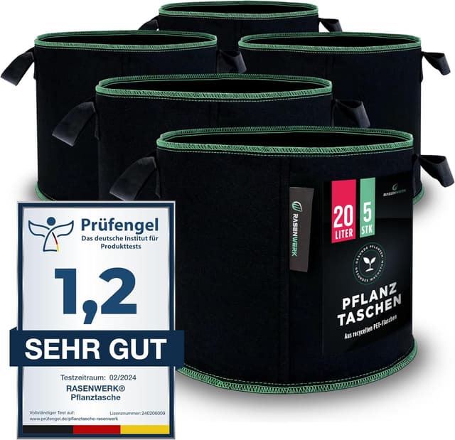 Detalle de RASENWERK® Vliesstoff-Pflanztasche 20 Liter – Pflanzsack für Garten, Gewächshaus & Balkon (5 Stück)