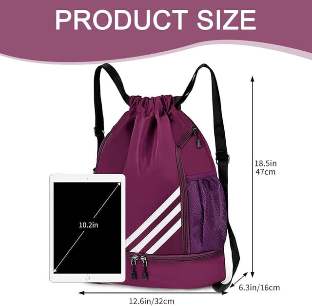 Detalle de Kids & Adults drawstring swimming bags – waterproof gym drawstring backpack with shoe compartment (Purple)