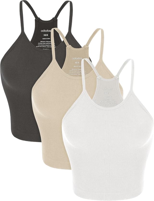 Detalle de ODODOS Women’s Crop 3-Pack Seamless Rib-Knit Camisole Crop Tank Tops