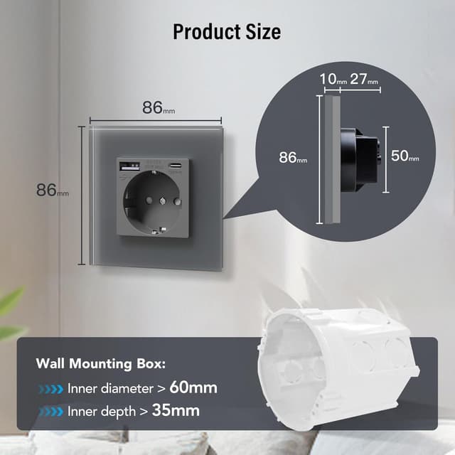 Detalle de BSEED Glas-Steckdose mit 20W USB-C Schnellladen, Unterputz 3-in-1 (2er-Set)