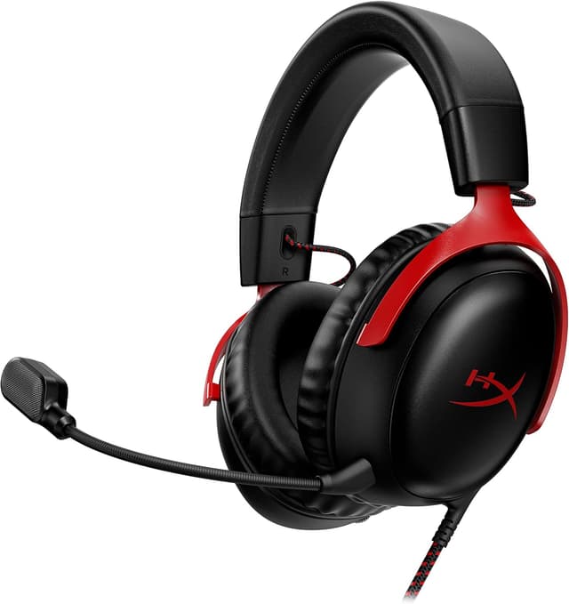 Detalle de HyperX Cloud III Gaming-Headset kabelgebunden mit 53-mm-Treibern, DTS und Noise-Cancelling-Mikrofon (Schwarz/Rot)
