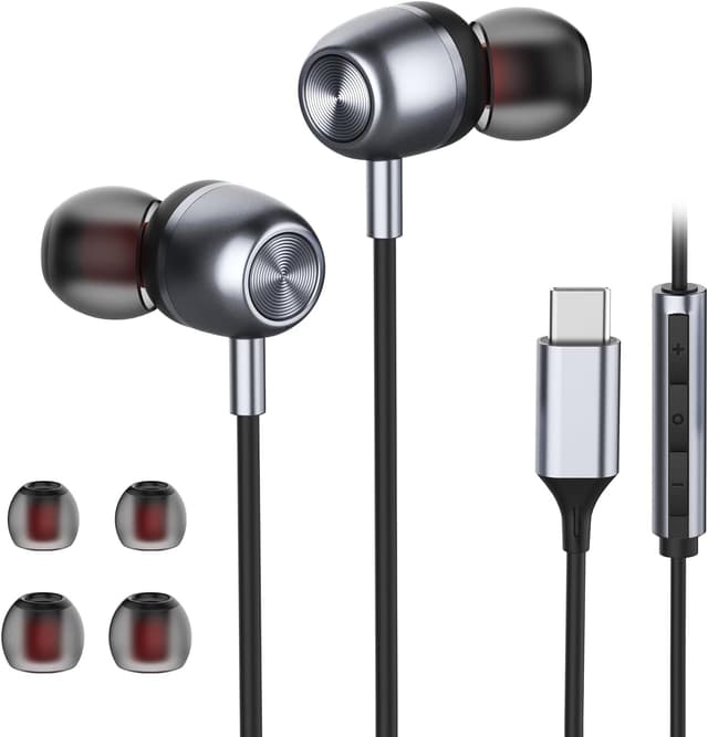 Detalle de USB-C Wired In-Ear Headphones with Microphone, Volume Control, and Bass Stereo for Samsung, iPhone, Pixel, and More