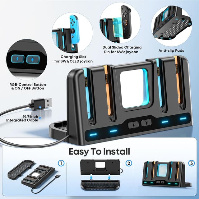 Thumbnail 6 de Tokluck Joy-Con and Switch Controller Charging Dock with 9 RGB Light Modes