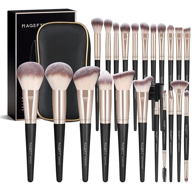 Detalle de MAGEFY Make-up-Pinsel-Set (22-teilig) mit synthetischen Borsten und PU-Ledertasche