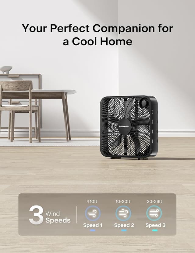 Detalle 2 de PELONIS 20 Inch Box Fan (3 Speeds) — Window Fan, Floor or Tabletop Cooling with Up to 2,295 CFM
