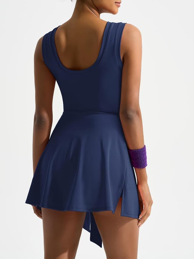 Detalle 2 de Dokuritu Women’s Sleeveless Tennis Dress Romper with Built-In Shorts, Front Tie & U-Shaped Back