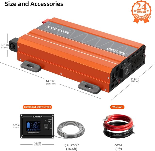 Detalle de Junbpaw 2080W Pure Sine Wave Inverter (24V to 110V) — Quiet DC to AC for Home, RV, Off-Grid & Camping (LGE-24-2080TI)