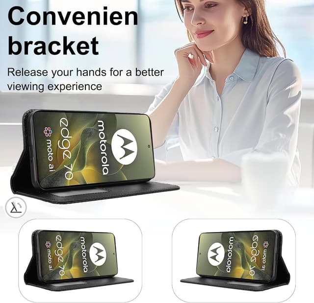 Detalle 2 de Fitudoos Handyhülle aus Leder für Motorola Edge 70 – Klapphülle mit Kartenfächern, Magnetverschluss & Standfunktion (Schwarz)