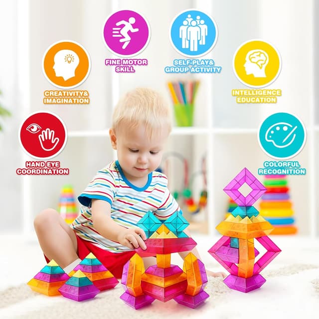 Detalle de MAKE KIDS SMILE BUBBLE FUN 30-Piece Translucent Building Blocks Set (Ages 3–6) for STEM & Light Tables