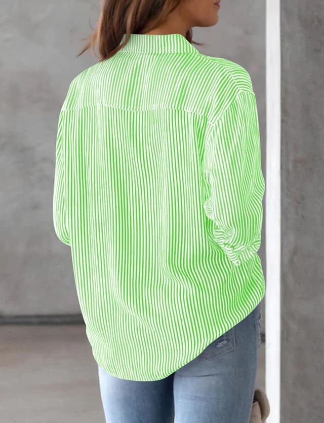 Detalle de AISEW Women’s Striped Button-Down Shirt with Pocket (Long Sleeve, Collared Office Blouse)