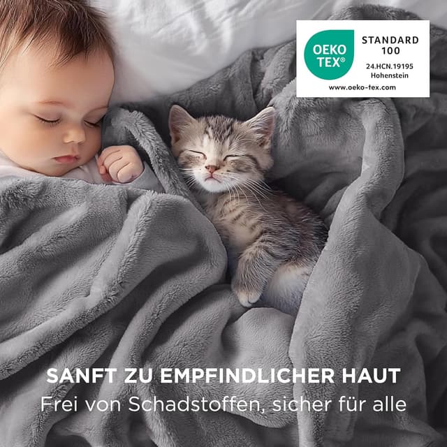 Detalle de BEDSURE Flauschig Fleecedecke XXL 220x240 cm (grau) – warme Wohndecke zum Kuscheln