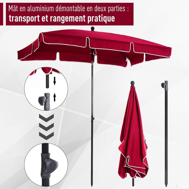 Detalle de Outsunny parasol de jardin rectangulaire droit inclinable en aluminium et polyester haute densité, 2 x 1,3 m rouge