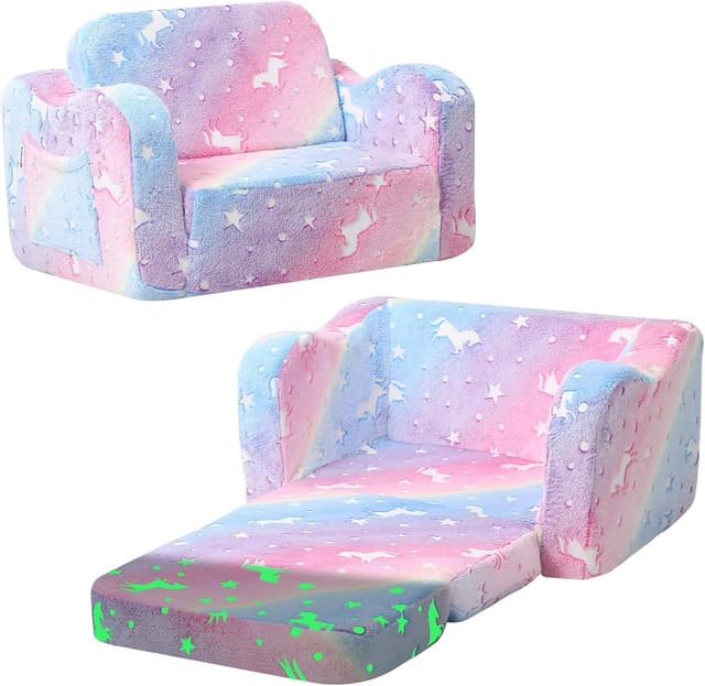 Detalle de MeMoreCool Glowing Rainbow Unicorn Kids Chair (Convertible 2-in-1 Fold-Out Kids Couch)
