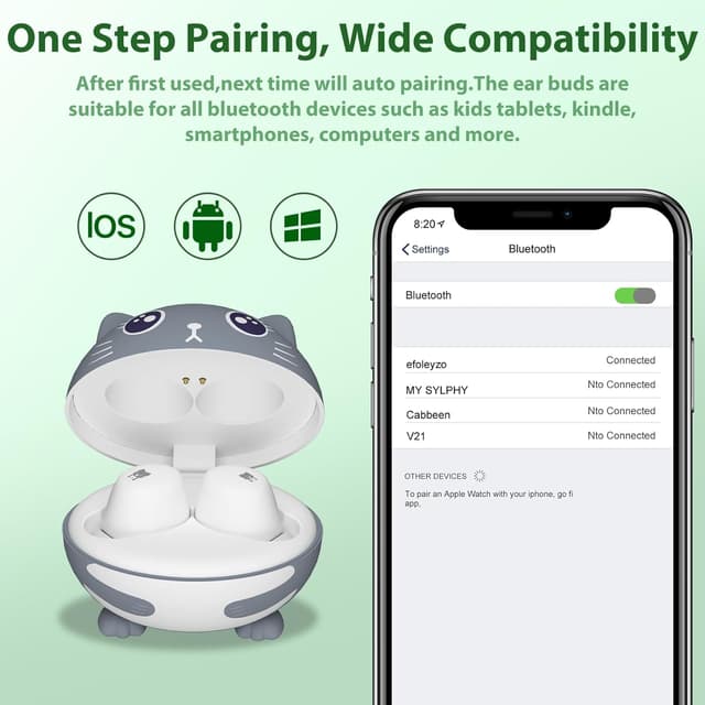 Detalle de COOTIMOCK Kids Earbuds (85dB safe volume) – Wireless Bluetooth headphones with mic, 30H playtime, waterproof