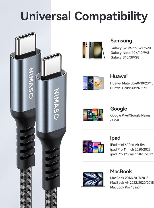 Detalle de Nimaso USB‑C auf USB‑C Kabel 1 m (USB‑C PD bis 60 W, 20 V/3 A) für Smartphone, Tablet & Laptop