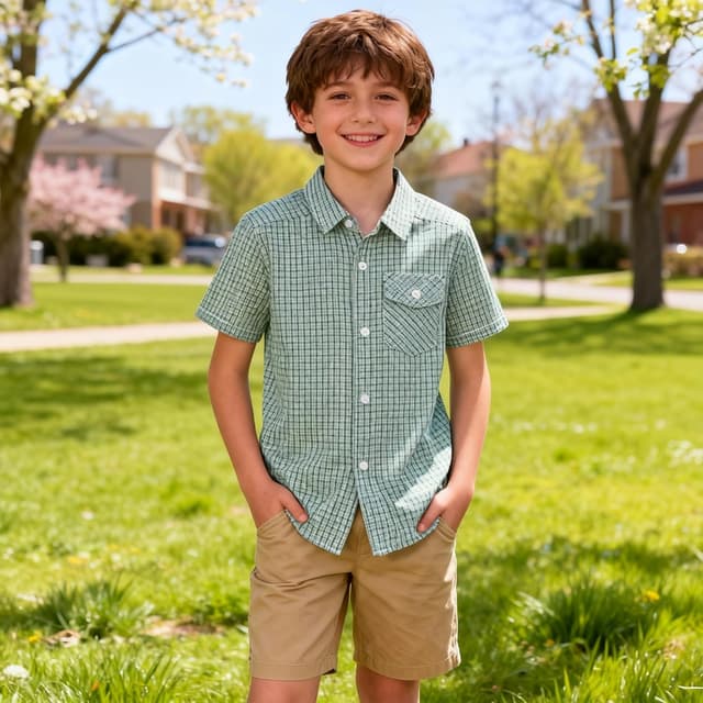 Detalle 2 de Bienzoe Boys Checked Shirt for Son – kids short sleeve school button-up