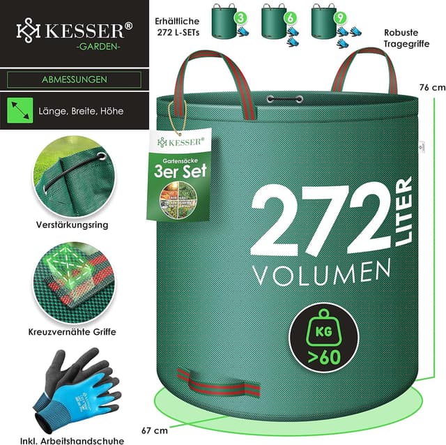 Thumbnail 6 de KESSER® Gartensack 3x 272L Set Laubsack inkl. Handschuhe – selbststehend, robust & faltbar