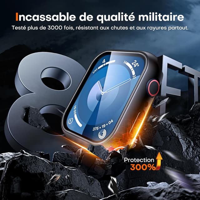 Detalle de TAURI Tauri 2 pièces coque + protection écran en verre trempé pour Apple Watch Series 9/8/7 (41 mm) – Noir