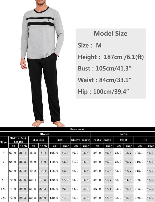 Detalle de Ensemble pyjama homme d’hiver Marvmys en coton – col rond, manches longues, deux pièces S à 3XL