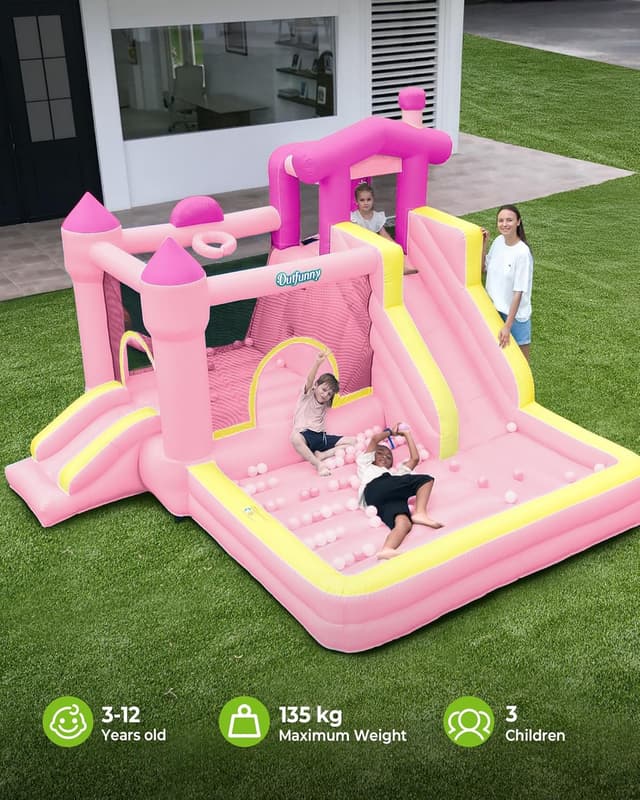 Detalle de Outfunny Inflatable Bouncy Castle with Slide, Bounce House for Children 3–12 (450W Blower) – Pink