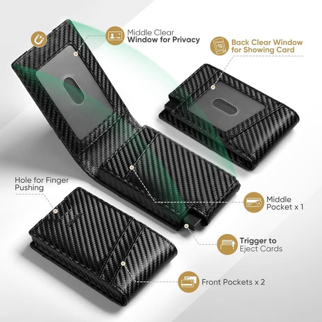 Detalle de VULKIT Pop Up Credit Card Holder Wallet for Men (RFID Blocking) – Carbon Black, Double Window Slots, Up to 12 Cards