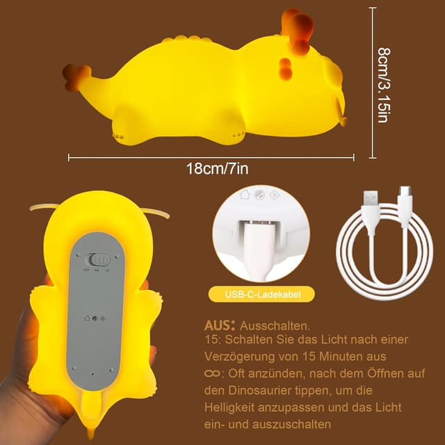 Detalle de Silikon Nachtlicht für Babys in Drach-Form – dimmbar, Touch-LED und Timer