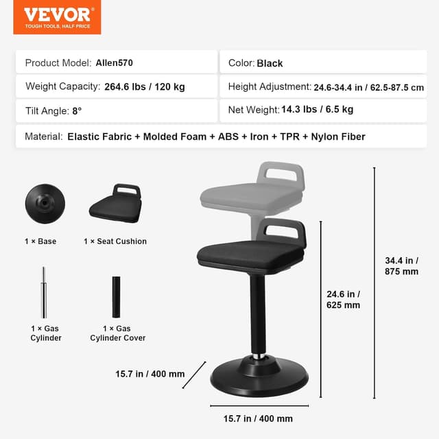 Detalle de VEVOR tabouret oscillant à hauteur réglable (62,5 à 87,5 cm) avec poignée