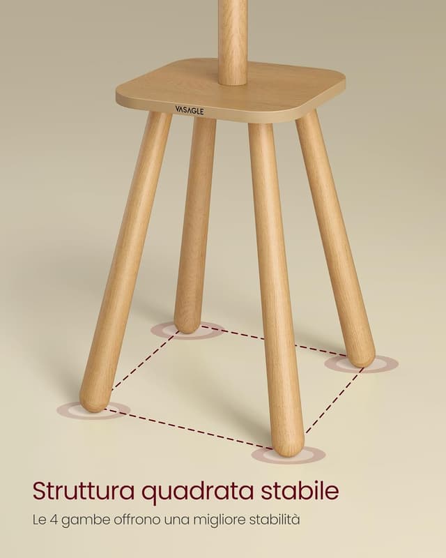 Detalle de VASAGLE Attaccapanni da Terra RCR033N01 beige naturale con 8 ganci e piano portaoggetti (170,5 cm)