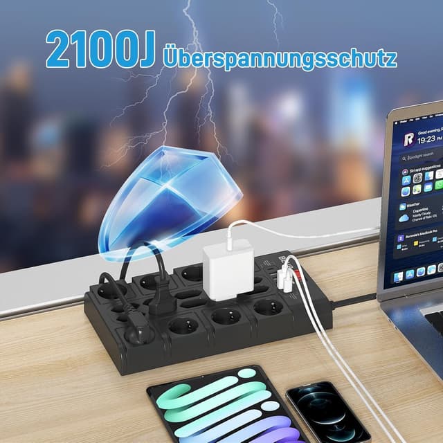 Detalle 2 de BEVA 18-fach Mehrfachsteckdose mit USB‑C und 4 m Kabel (3680 W/16 A) + 2100 J Überspannungsschutz