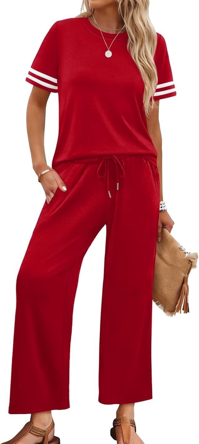 Detalle de WIHOLL Two-Piece Lounge Set for Women: Striped Short-Sleeve Top & Wide-Leg Pants