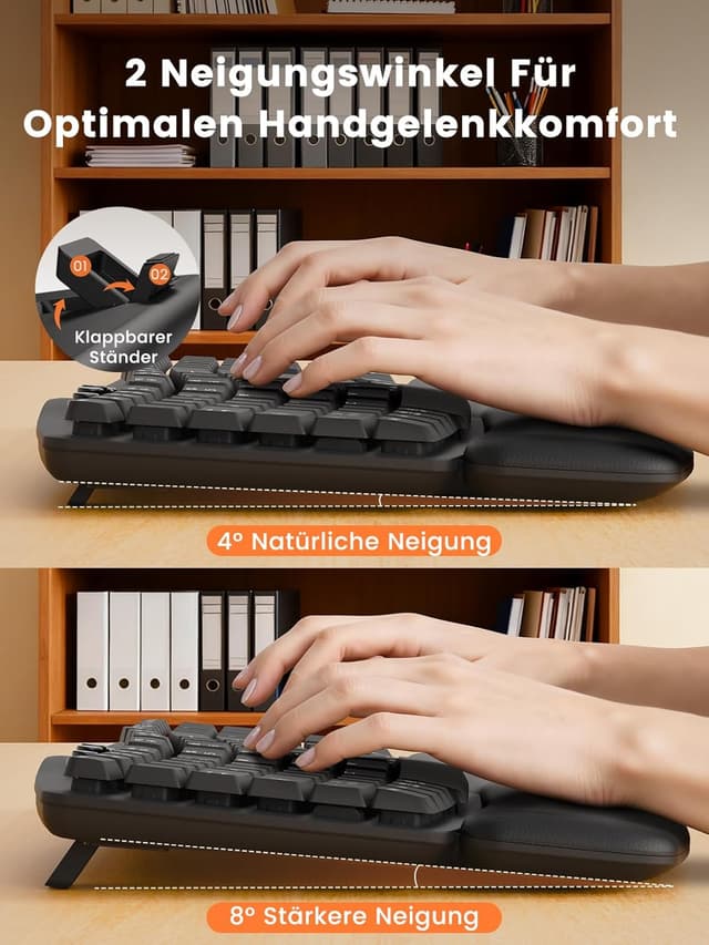 Detalle 2 de SABLUTE Kabelloses Tastatur-und-Maus-Set (Wave-Tasten) mit leisen 30 dB, ergonomischer Handballenauflage und Dual-System-Schalter für Windows/Mac