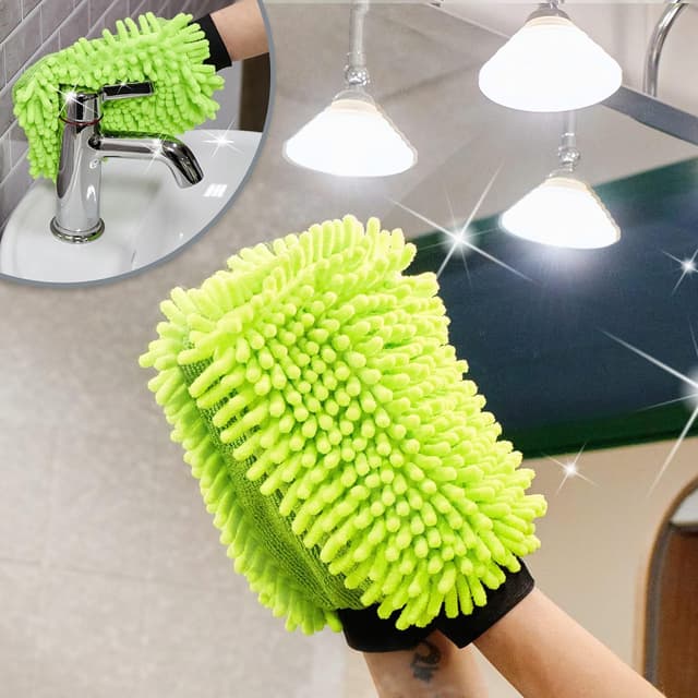 Detalle de com-four® 3X Waschhandschuh aus Microfaser (Chenille) für Auto & Haushalt – neongrün, 3-teilig