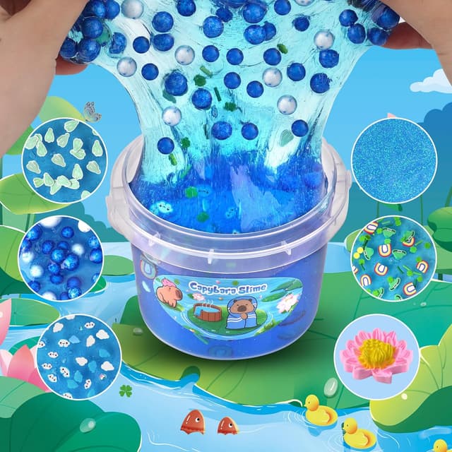 Detalle 2 de Joytry Capybara Slime Kit (10oz) with 8 Mix-Ins and Clay, Clear Non-Sticky Kids Slime Bucket for Ages 8–12