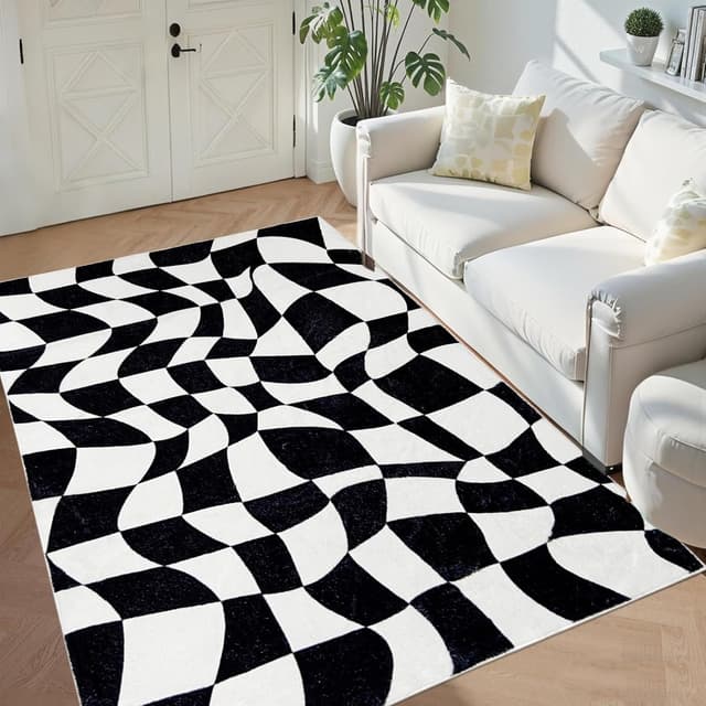 Detalle de USTIDE Large Black and White Checkered Rug, 120x180cm – washable fluffy indoor area rug