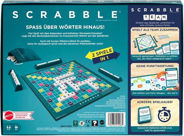 Detalle de Scrabble Zwei in Eins (doppelseitiges Brettspiel) von Mattel Games – inkl. 50 Zielkarten für Scrabble Team