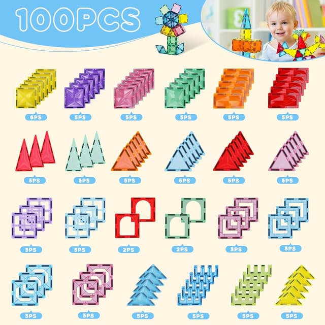 Detalle 1 de Paaxido Magnetic Tiles 100-Piece 4D Diamond Magnetic Blocks Set (STEM Preschool Building Toys)