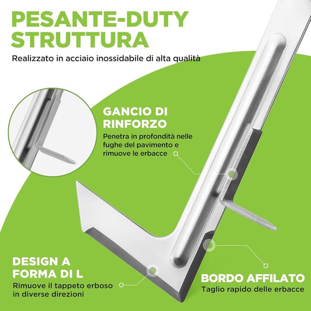 Detalle de WORKPRO 12” Estirpatore Erbacce Manuale in INOX con manico in legno e spatola a L per fughe, vialetti e muschio