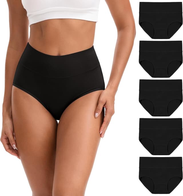 Detalle de INNERSY Damen Slips aus Baumwolle mit Stretch, hohe Taille – 5er Pack