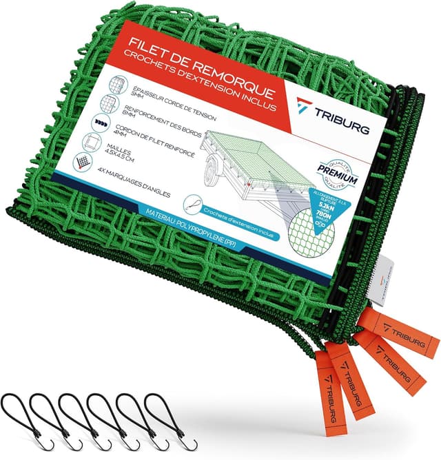 Detalle de TRIBURG filet pour remorque 1,5 x 2,7 m avec 6 crochets extenseurs et tendeurs en caoutchouc