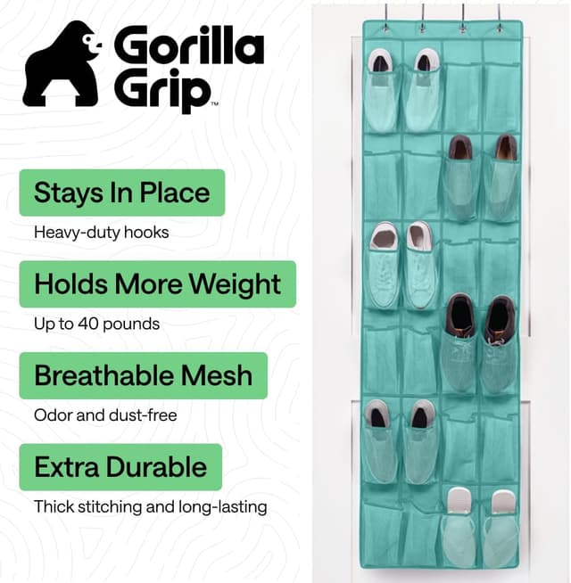 Detalle de Gorilla Grip Large Over-the-Door Shoe Organizer with Breathable Mesh (24 Pockets) — Up to 40 lb, Turquoise (1-Pack)