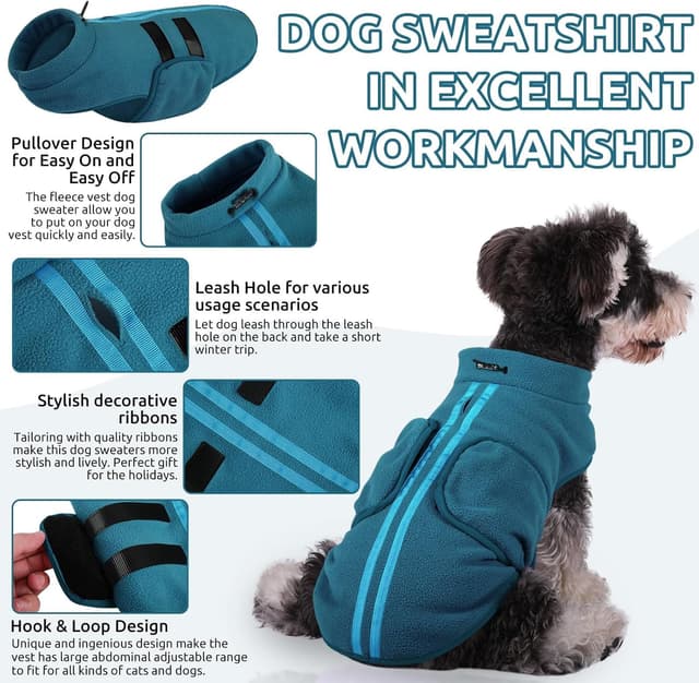 Detalle de PUZAUKAL Adjustable Dog Fleece Jumper Vest (Peacock Blue L) – warm step-in fleece coat with adjustable neck and belly
